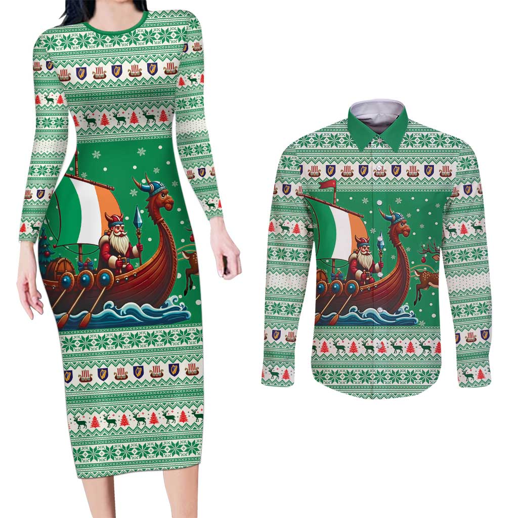 Ireland Viking Santa Christmas Couples Matching Long Sleeve Bodycon Dress and Long Sleeve Button Shirt Funny Reindeer Norse Xmas - Wonder Print Shop