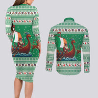 Ireland Viking Santa Christmas Couples Matching Long Sleeve Bodycon Dress and Long Sleeve Button Shirt Funny Reindeer Norse Xmas - Wonder Print Shop