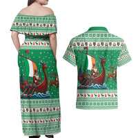 Ireland Viking Santa Christmas Couples Matching Off Shoulder Maxi Dress and Hawaiian Shirt Funny Reindeer Norse Xmas - Wonder Print Shop