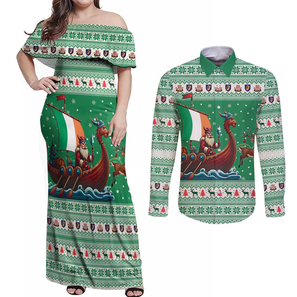 Ireland Viking Santa Christmas Couples Matching Off Shoulder Maxi Dress and Long Sleeve Button Shirt Funny Reindeer Norse Xmas - Wonder Print Shop