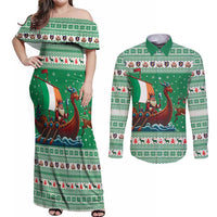 Ireland Viking Santa Christmas Couples Matching Off Shoulder Maxi Dress and Long Sleeve Button Shirt Funny Reindeer Norse Xmas - Wonder Print Shop