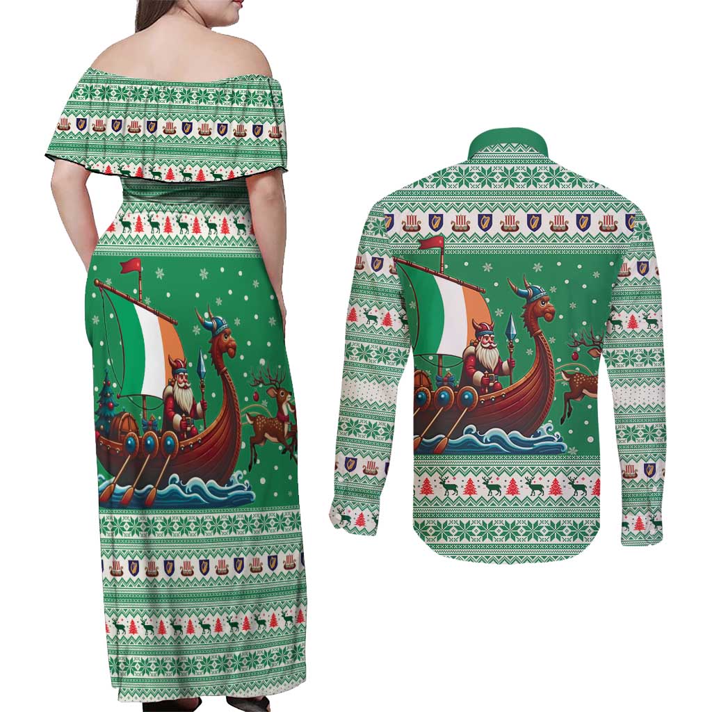 Ireland Viking Santa Christmas Couples Matching Off Shoulder Maxi Dress and Long Sleeve Button Shirt Funny Reindeer Norse Xmas - Wonder Print Shop