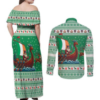 Ireland Viking Santa Christmas Couples Matching Off Shoulder Maxi Dress and Long Sleeve Button Shirt Funny Reindeer Norse Xmas - Wonder Print Shop