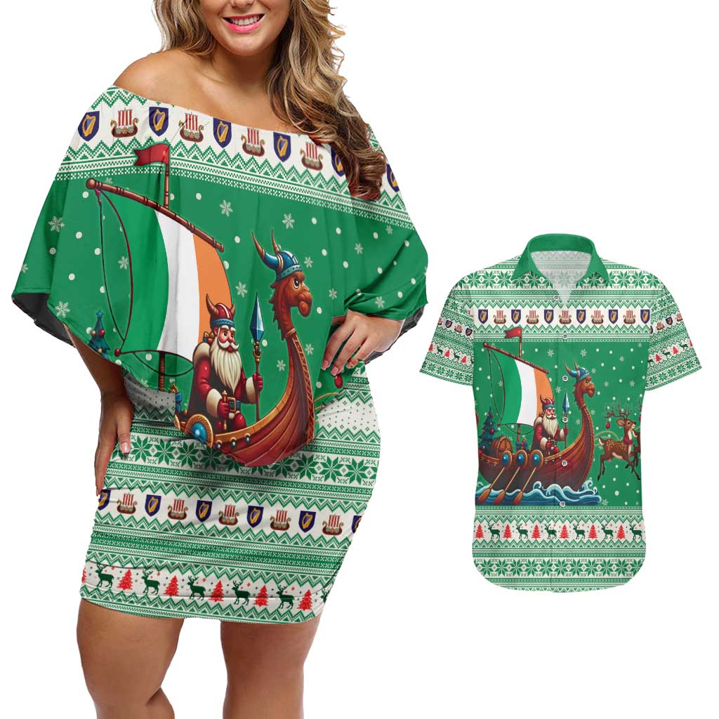 Ireland Viking Santa Christmas Couples Matching Off Shoulder Short Dress and Hawaiian Shirt Funny Reindeer Norse Xmas - Wonder Print Shop