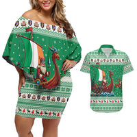 Ireland Viking Santa Christmas Couples Matching Off Shoulder Short Dress and Hawaiian Shirt Funny Reindeer Norse Xmas - Wonder Print Shop