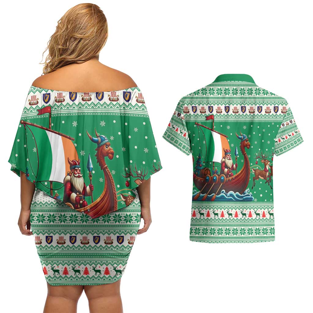 Ireland Viking Santa Christmas Couples Matching Off Shoulder Short Dress and Hawaiian Shirt Funny Reindeer Norse Xmas - Wonder Print Shop