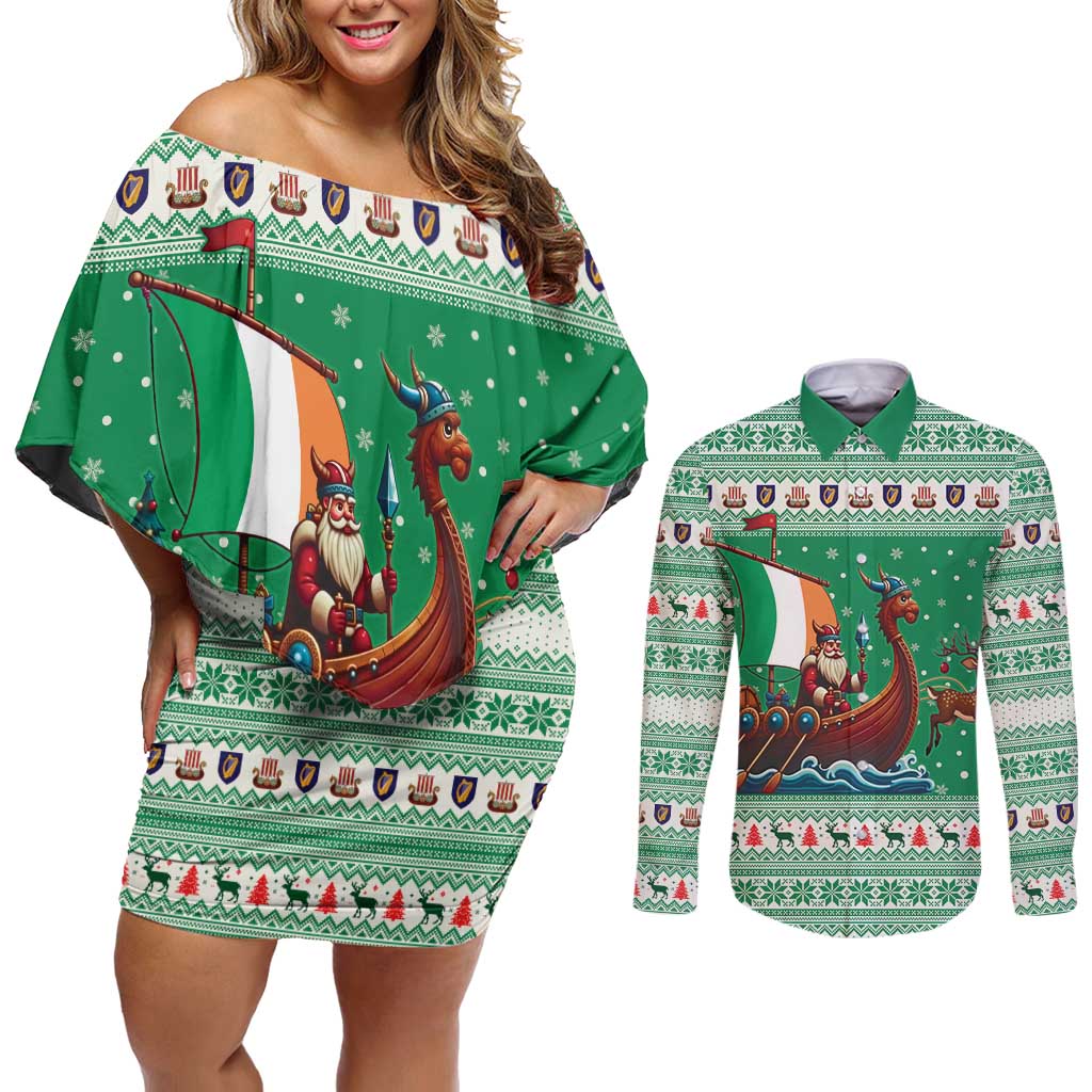 Ireland Viking Santa Christmas Couples Matching Off Shoulder Short Dress and Long Sleeve Button Shirt Funny Reindeer Norse Xmas - Wonder Print Shop