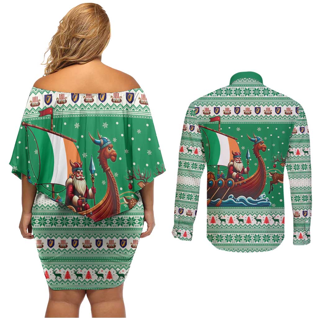 Ireland Viking Santa Christmas Couples Matching Off Shoulder Short Dress and Long Sleeve Button Shirt Funny Reindeer Norse Xmas - Wonder Print Shop