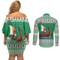 Ireland Viking Santa Christmas Couples Matching Off Shoulder Short Dress and Long Sleeve Button Shirt Funny Reindeer Norse Xmas - Wonder Print Shop