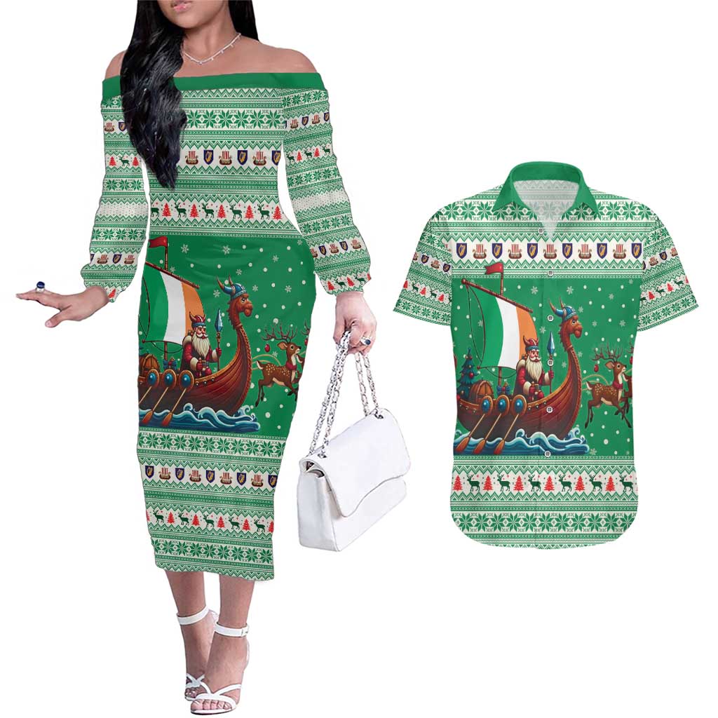 Ireland Viking Santa Christmas Couples Matching Off The Shoulder Long Sleeve Dress and Hawaiian Shirt Funny Reindeer Norse Xmas - Wonder Print Shop