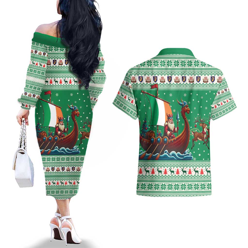 Ireland Viking Santa Christmas Couples Matching Off The Shoulder Long Sleeve Dress and Hawaiian Shirt Funny Reindeer Norse Xmas - Wonder Print Shop