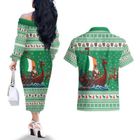 Ireland Viking Santa Christmas Couples Matching Off The Shoulder Long Sleeve Dress and Hawaiian Shirt Funny Reindeer Norse Xmas - Wonder Print Shop