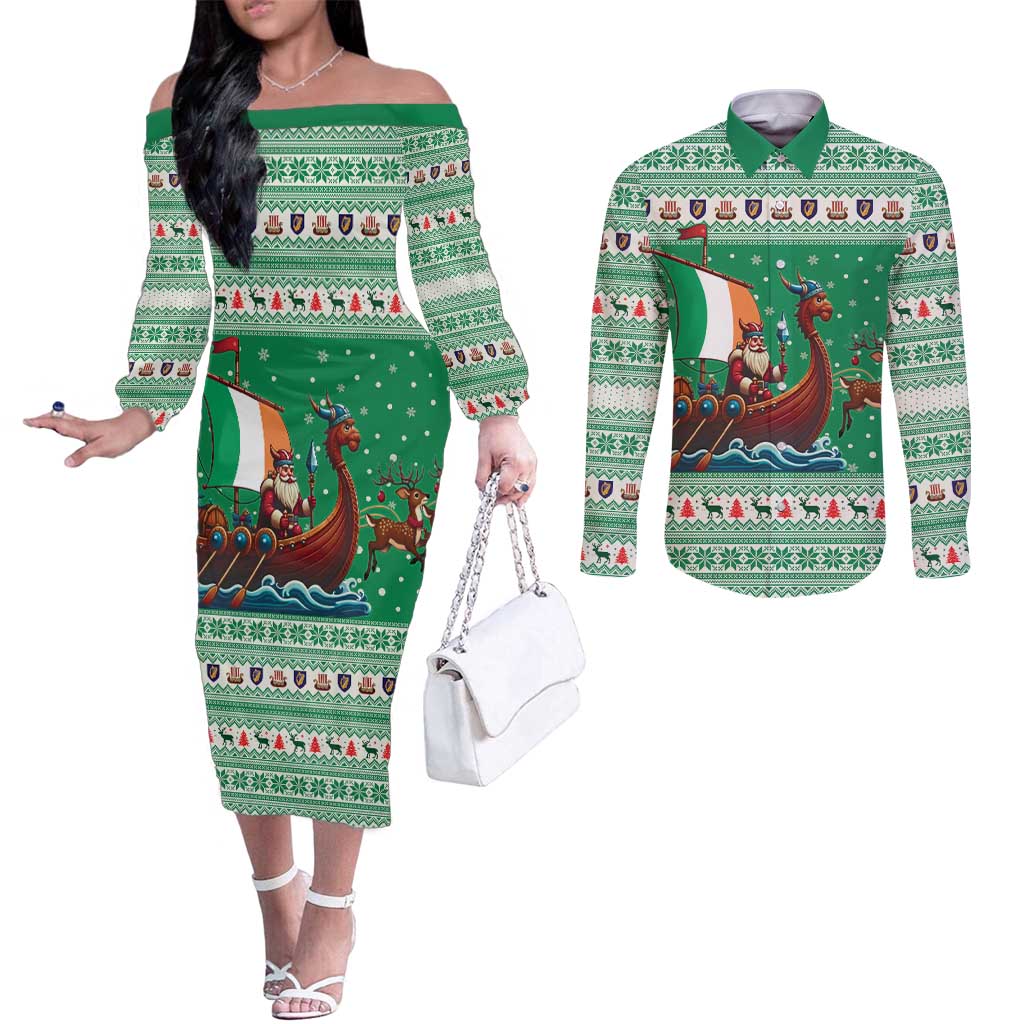 Ireland Viking Santa Christmas Couples Matching Off The Shoulder Long Sleeve Dress and Long Sleeve Button Shirt Funny Reindeer Norse Xmas - Wonder Print Shop