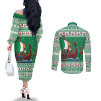 Ireland Viking Santa Christmas Couples Matching Off The Shoulder Long Sleeve Dress and Long Sleeve Button Shirt Funny Reindeer Norse Xmas - Wonder Print Shop