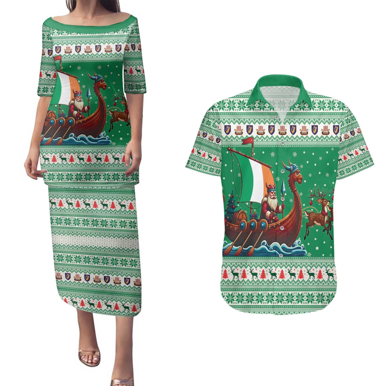 Ireland Viking Santa Christmas Couples Matching Puletasi and Hawaiian Shirt Funny Reindeer Norse Xmas - Wonder Print Shop