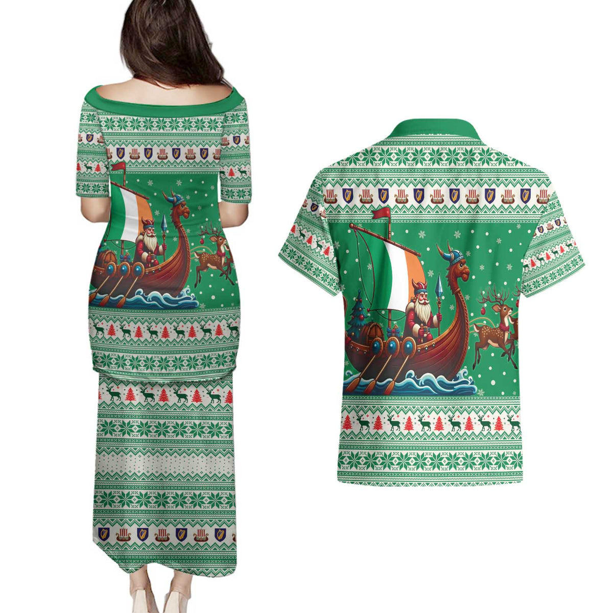 Ireland Viking Santa Christmas Couples Matching Puletasi and Hawaiian Shirt Funny Reindeer Norse Xmas - Wonder Print Shop