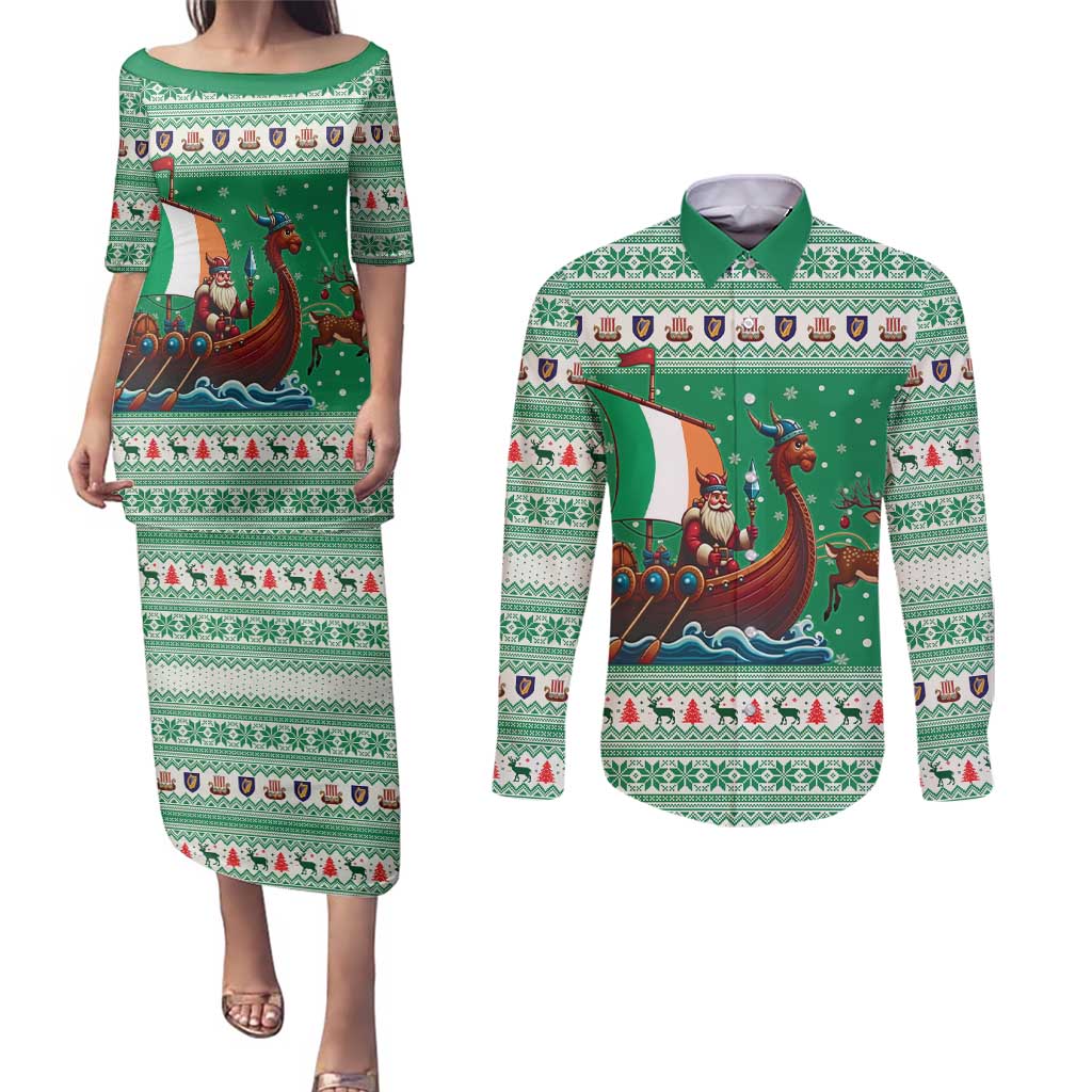 Ireland Viking Santa Christmas Couples Matching Puletasi and Long Sleeve Button Shirt Funny Reindeer Norse Xmas - Wonder Print Shop