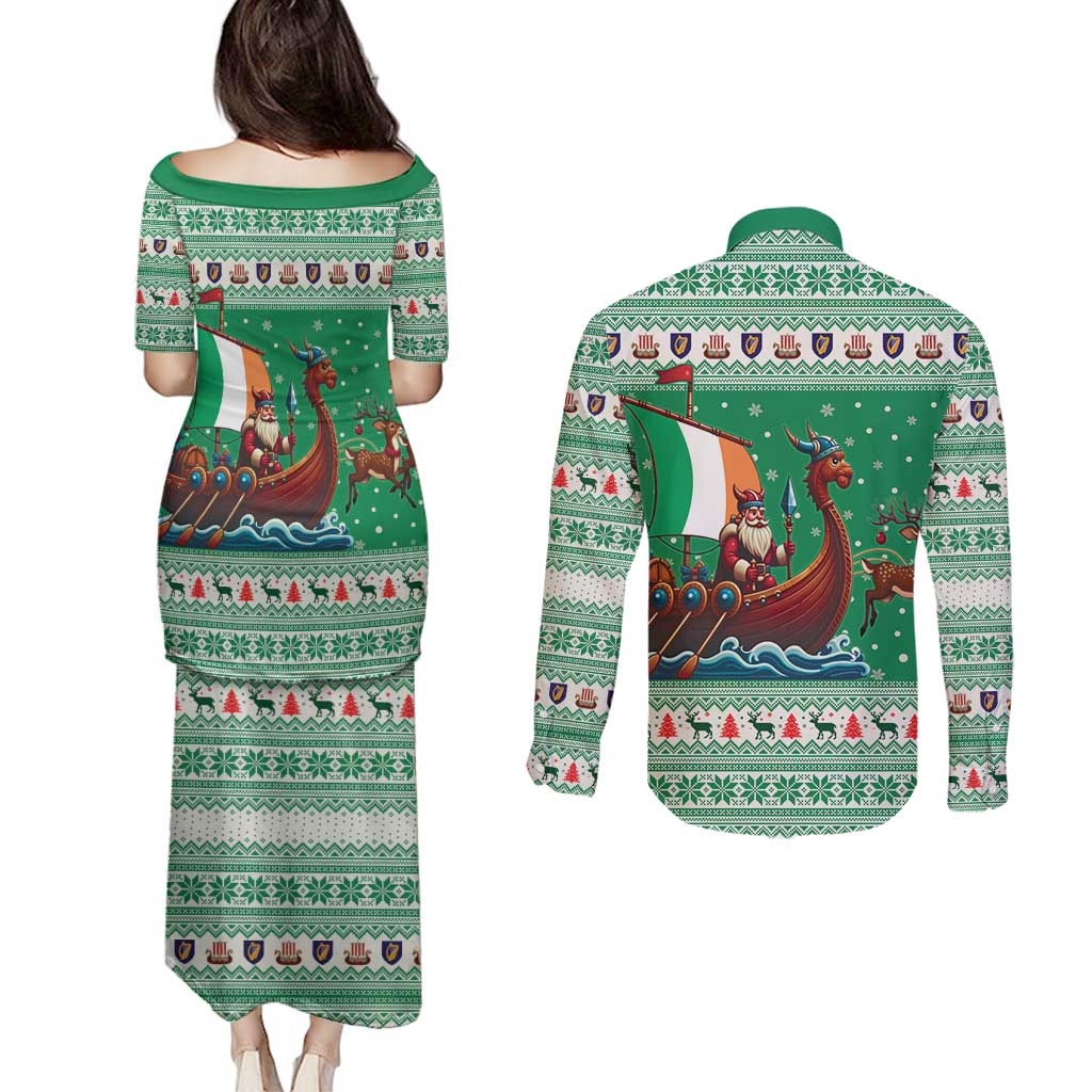 Ireland Viking Santa Christmas Couples Matching Puletasi and Long Sleeve Button Shirt Funny Reindeer Norse Xmas - Wonder Print Shop