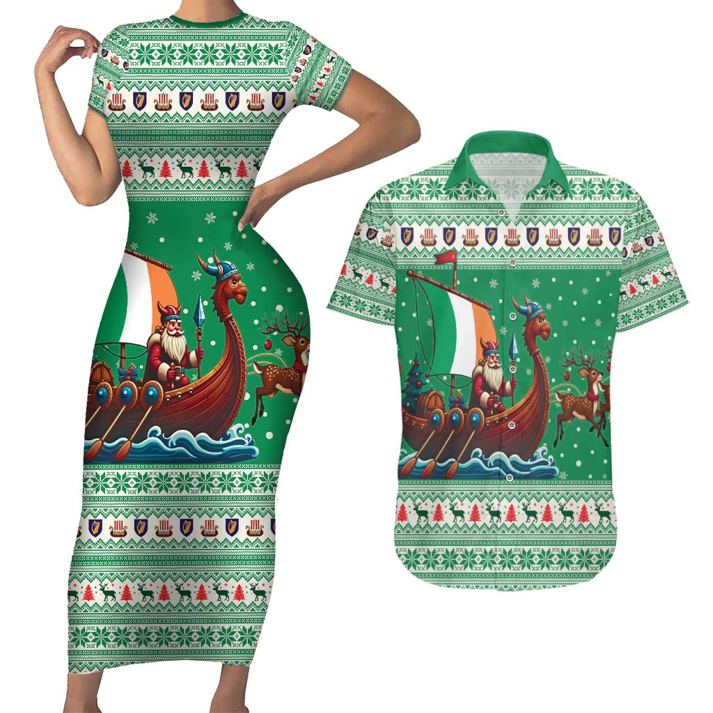 Ireland Viking Santa Christmas Couples Matching Short Sleeve Bodycon Dress and Hawaiian Shirt Funny Reindeer Norse Xmas - Wonder Print Shop