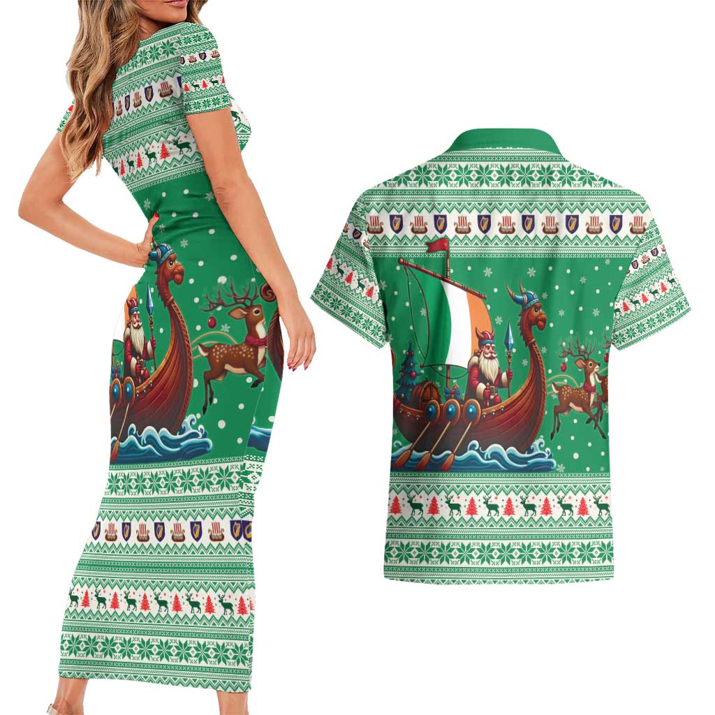 Ireland Viking Santa Christmas Couples Matching Short Sleeve Bodycon Dress and Hawaiian Shirt Funny Reindeer Norse Xmas - Wonder Print Shop