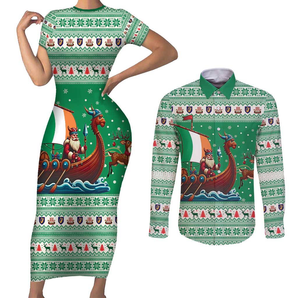 Ireland Viking Santa Christmas Couples Matching Short Sleeve Bodycon Dress and Long Sleeve Button Shirt Funny Reindeer Norse Xmas - Wonder Print Shop