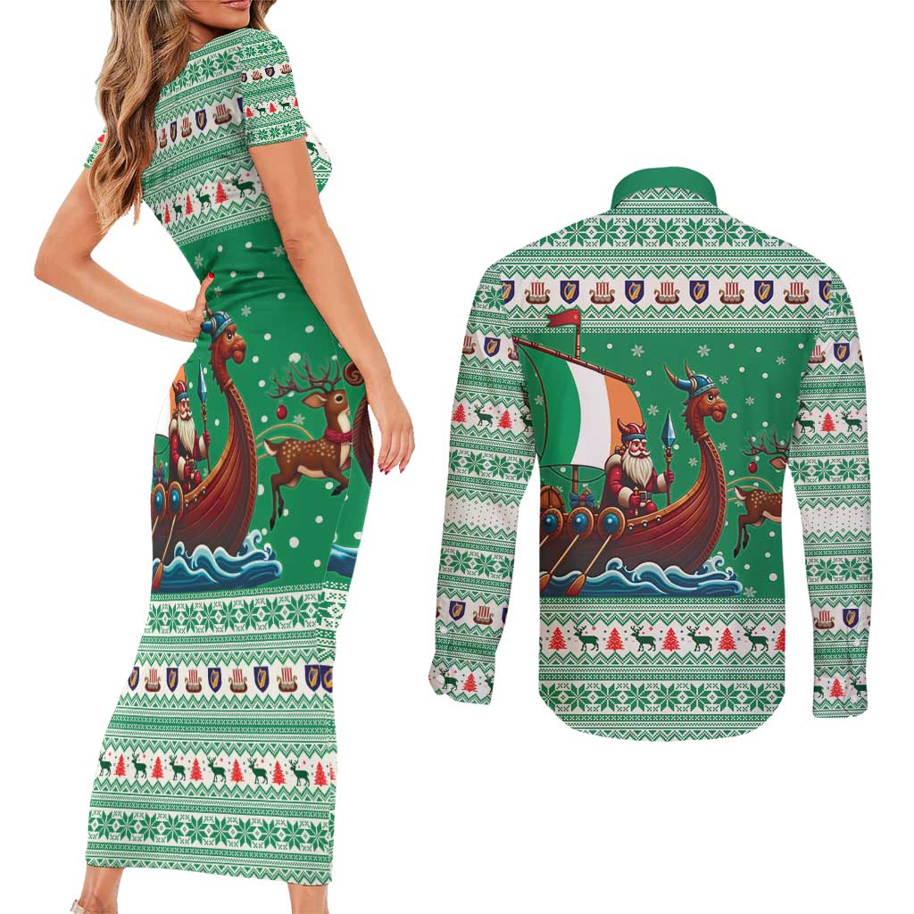 Ireland Viking Santa Christmas Couples Matching Short Sleeve Bodycon Dress and Long Sleeve Button Shirt Funny Reindeer Norse Xmas - Wonder Print Shop