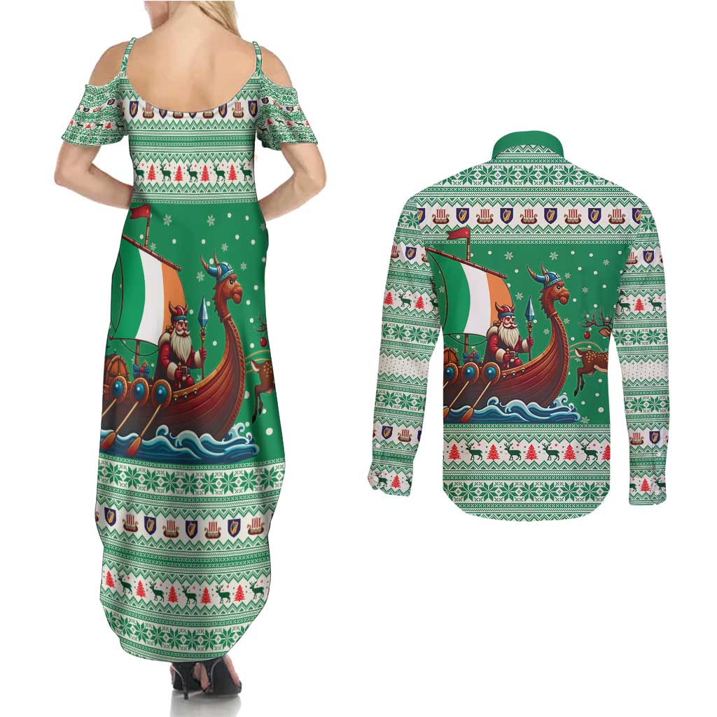 Ireland Viking Santa Christmas Couples Matching Summer Maxi Dress and Long Sleeve Button Shirt Funny Reindeer Norse Xmas - Wonder Print Shop