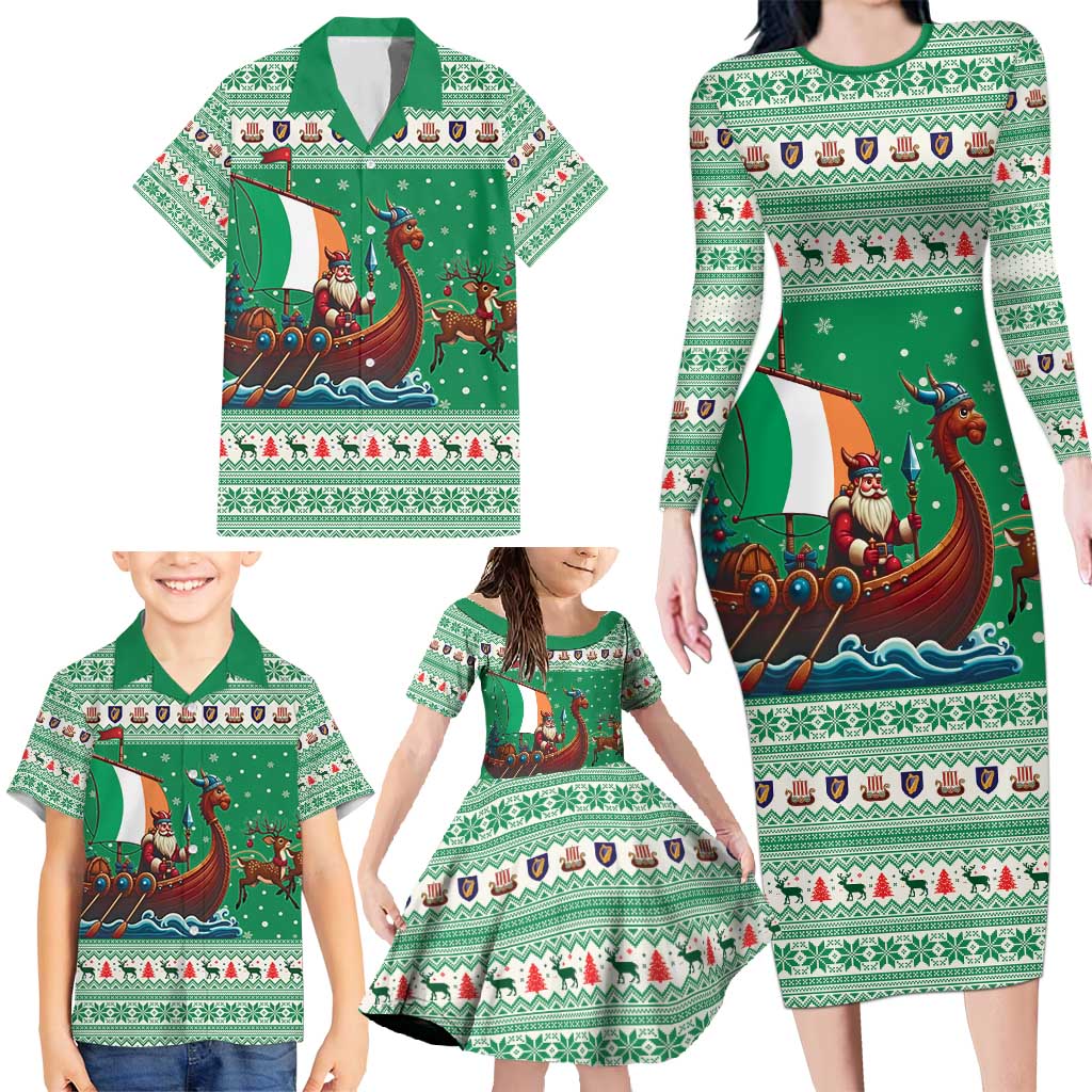 Ireland Viking Santa Christmas Family Matching Long Sleeve Bodycon Dress and Hawaiian Shirt Funny Reindeer Norse Xmas - Wonder Print Shop