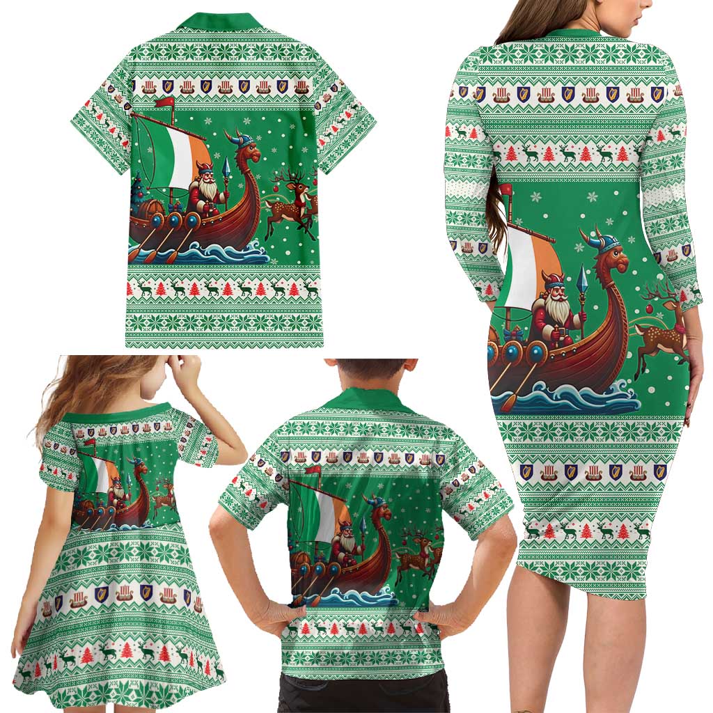 Ireland Viking Santa Christmas Family Matching Long Sleeve Bodycon Dress and Hawaiian Shirt Funny Reindeer Norse Xmas - Wonder Print Shop