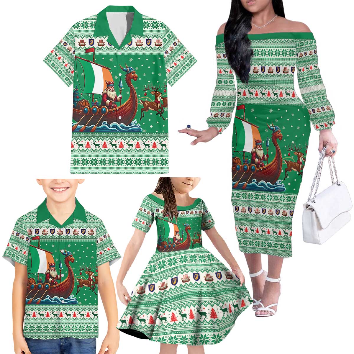 Ireland Viking Santa Christmas Family Matching Off The Shoulder Long Sleeve Dress and Hawaiian Shirt Funny Reindeer Norse Xmas - Wonder Print Shop