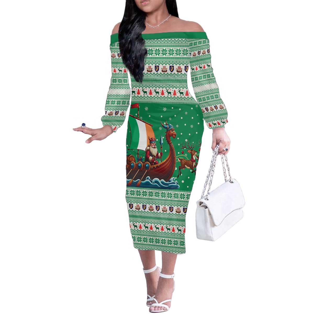 Ireland Viking Santa Christmas Family Matching Off The Shoulder Long Sleeve Dress and Hawaiian Shirt Funny Reindeer Norse Xmas - Wonder Print Shop