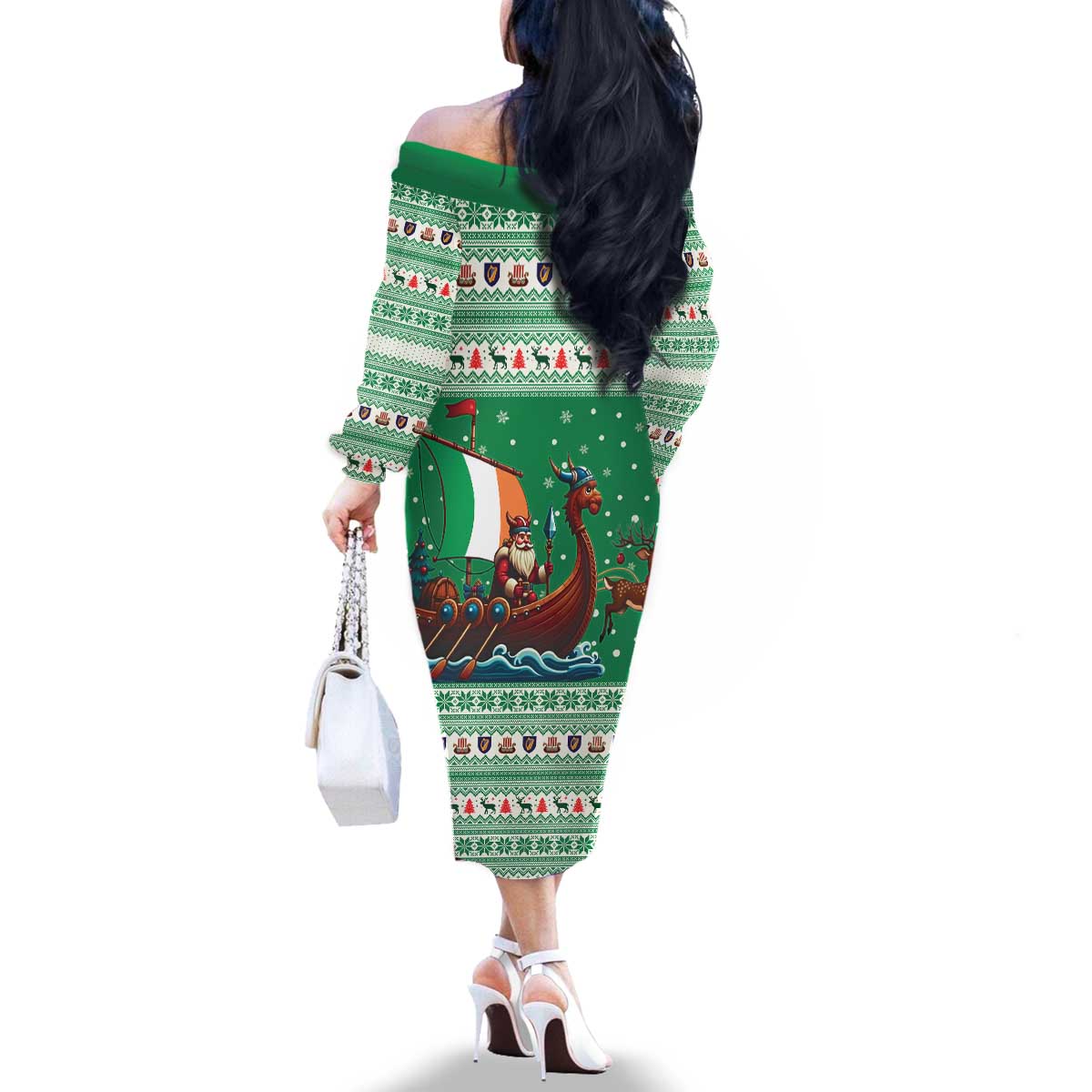 Ireland Viking Santa Christmas Family Matching Off The Shoulder Long Sleeve Dress and Hawaiian Shirt Funny Reindeer Norse Xmas - Wonder Print Shop