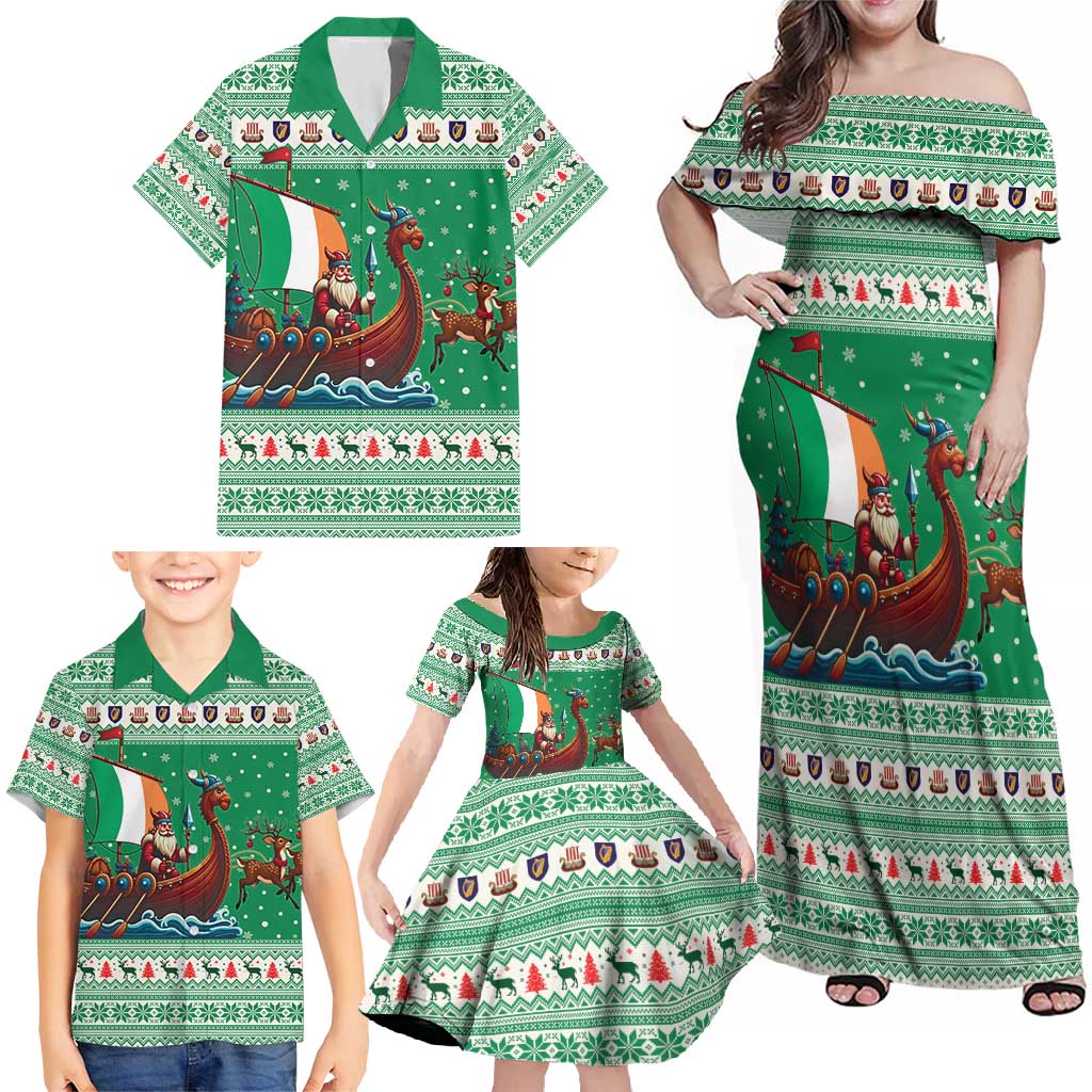 Ireland Viking Santa Christmas Family Matching Off Shoulder Maxi Dress and Hawaiian Shirt Funny Reindeer Norse Xmas - Wonder Print Shop