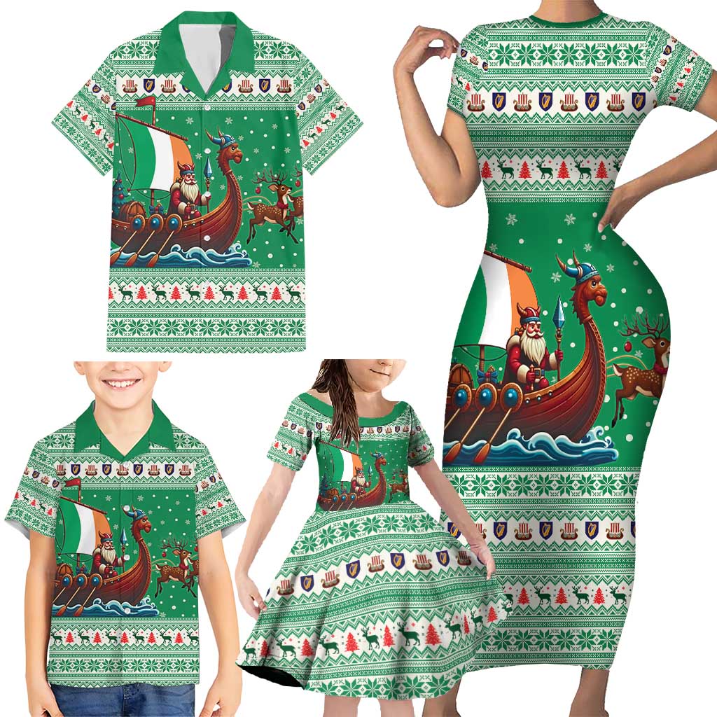 Ireland Viking Santa Christmas Family Matching Short Sleeve Bodycon Dress and Hawaiian Shirt Funny Reindeer Norse Xmas - Wonder Print Shop
