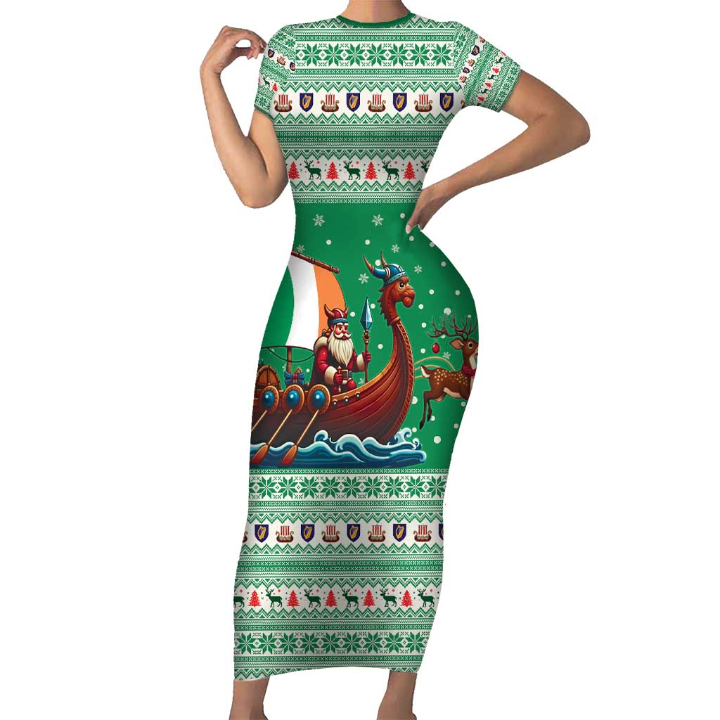 Ireland Viking Santa Christmas Family Matching Short Sleeve Bodycon Dress and Hawaiian Shirt Funny Reindeer Norse Xmas - Wonder Print Shop