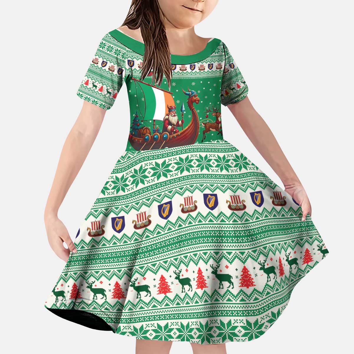 Ireland Viking Santa Christmas Kid Short Sleeve Dress Funny Reindeer Norse Xmas - Wonder Print Shop