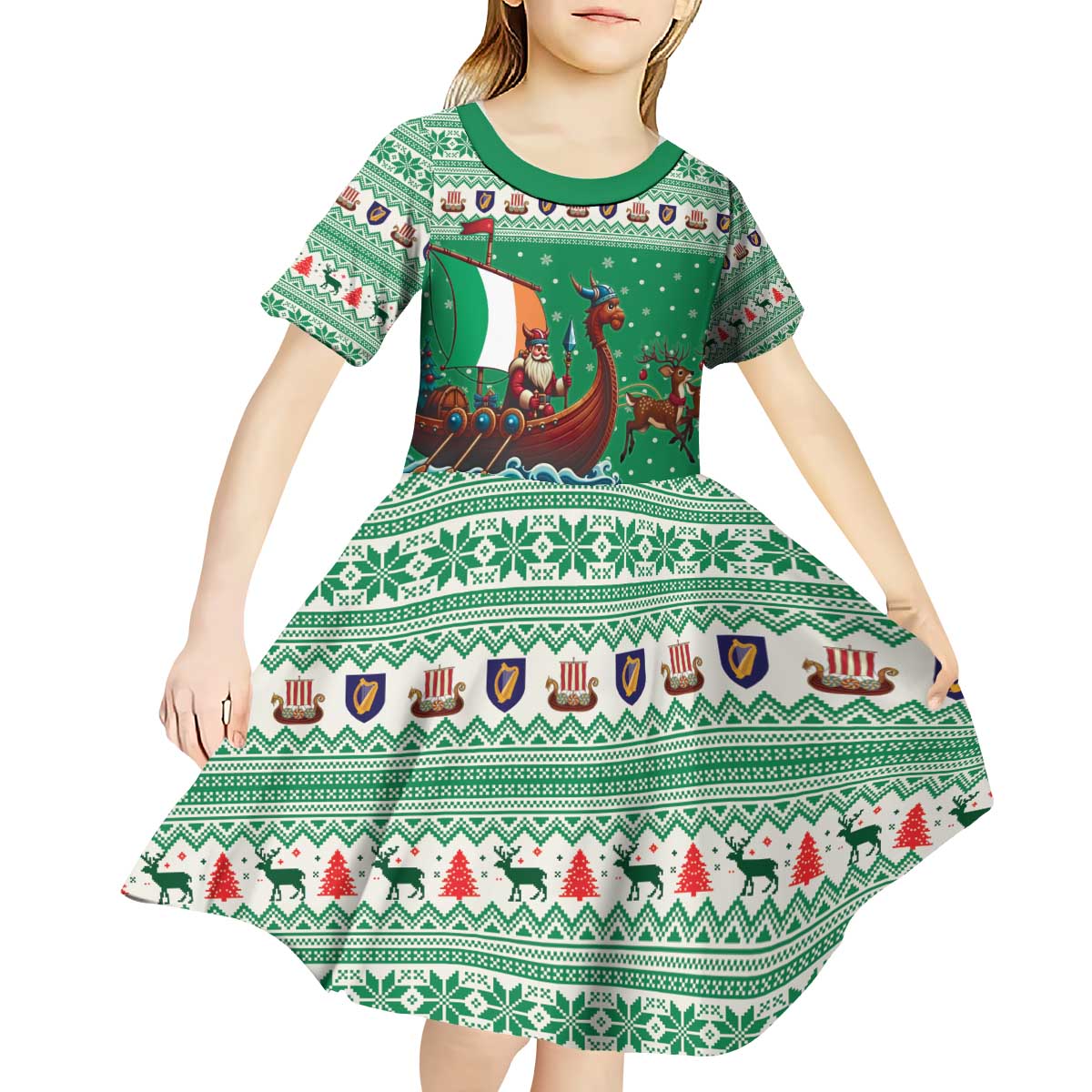 Ireland Viking Santa Christmas Kid Short Sleeve Dress Funny Reindeer Norse Xmas - Wonder Print Shop