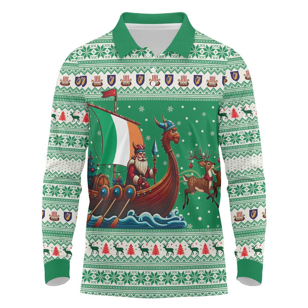 Ireland Viking Santa Christmas Long Sleeve Polo Shirt Funny Reindeer Norse Xmas - Wonder Print Shop