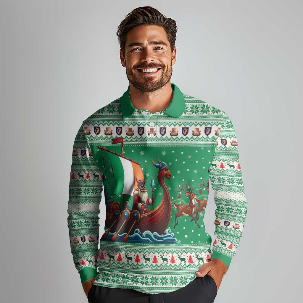 Ireland Viking Santa Christmas Long Sleeve Polo Shirt Funny Reindeer Norse Xmas - Wonder Print Shop
