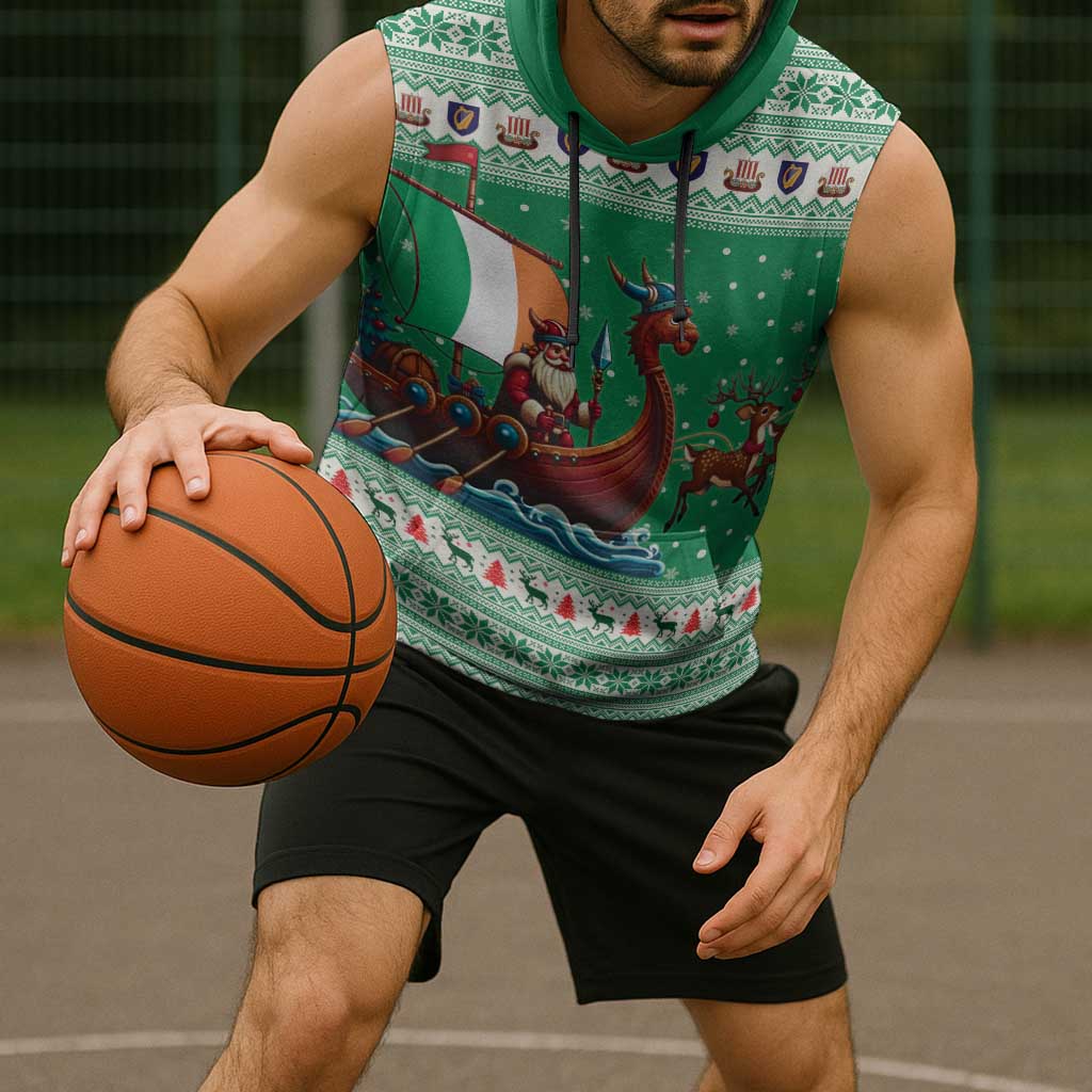 Ireland Viking Santa Christmas Sleeveless Hoodie Funny Reindeer Norse Xmas - Wonder Print Shop