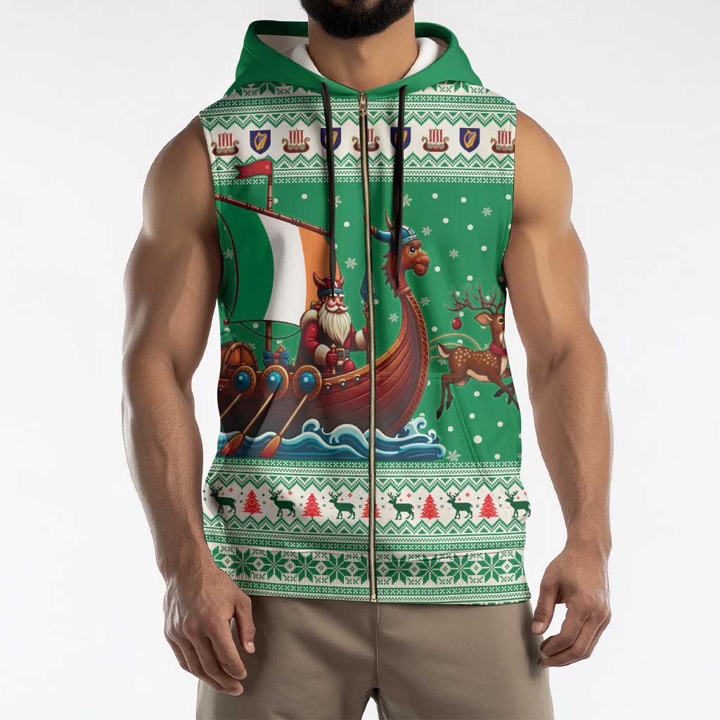 Ireland Viking Santa Christmas Sleeveless Zip Hoodie Funny Reindeer Norse Xmas - Wonder Print Shop