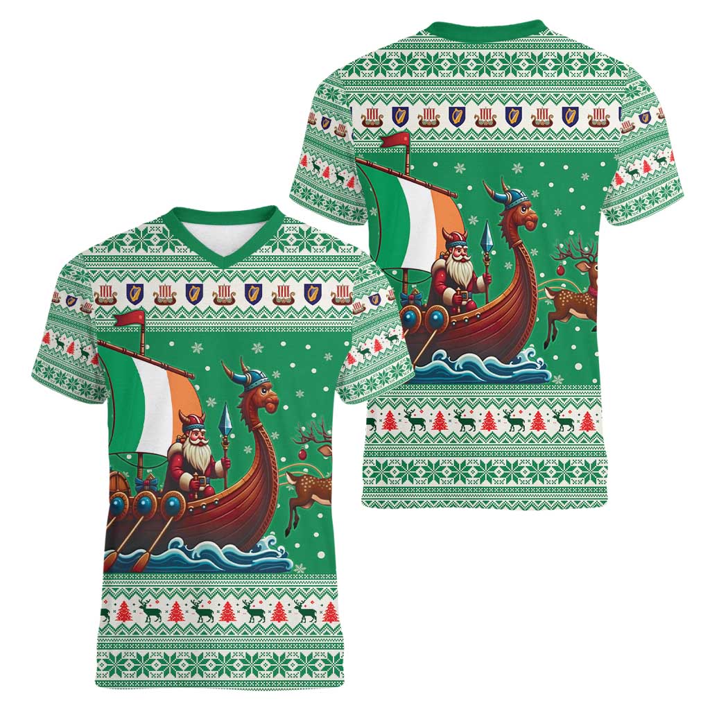 Ireland Viking Santa Christmas Women V-Neck T-Shirt Funny Reindeer Norse Xmas - Wonder Print Shop