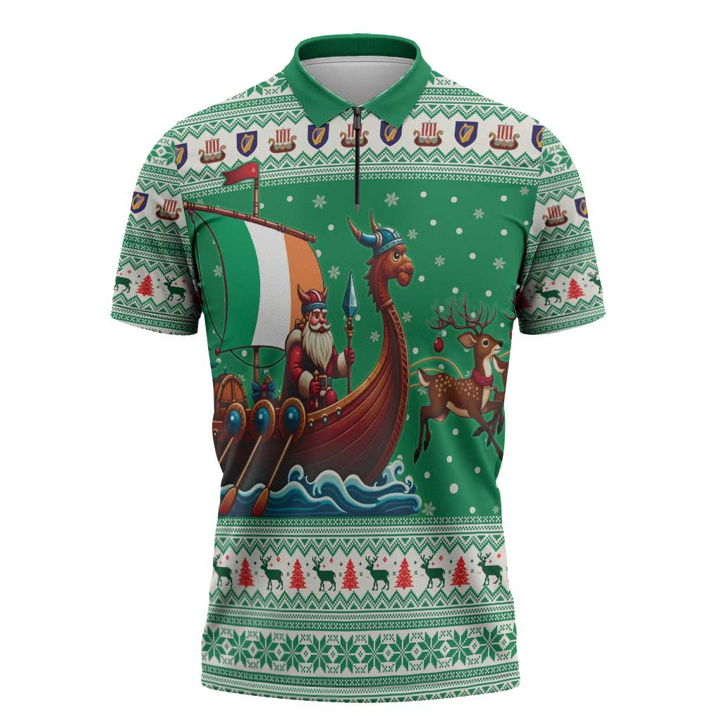 Ireland Viking Santa Christmas Zipper Polo Shirt Funny Reindeer Norse Xmas - Wonder Print Shop