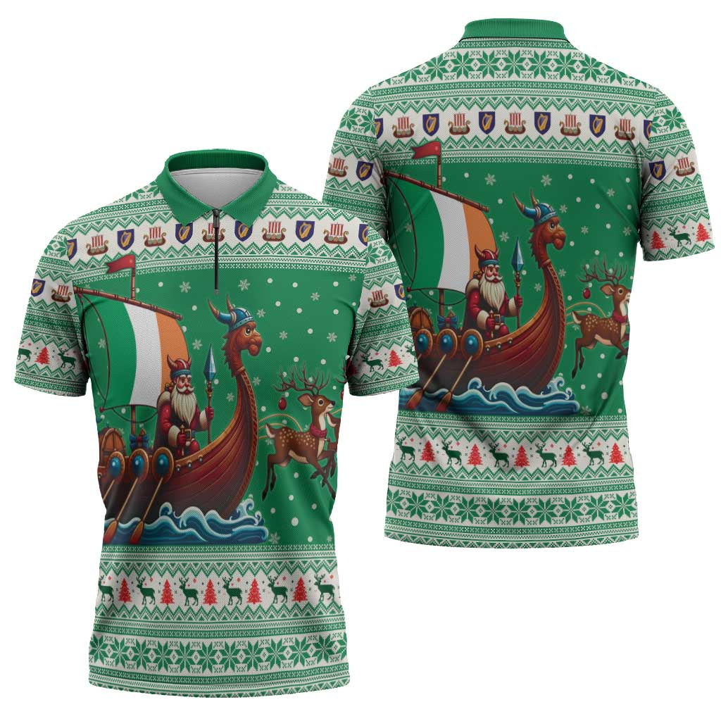 Ireland Viking Santa Christmas Zipper Polo Shirt Funny Reindeer Norse Xmas - Wonder Print Shop
