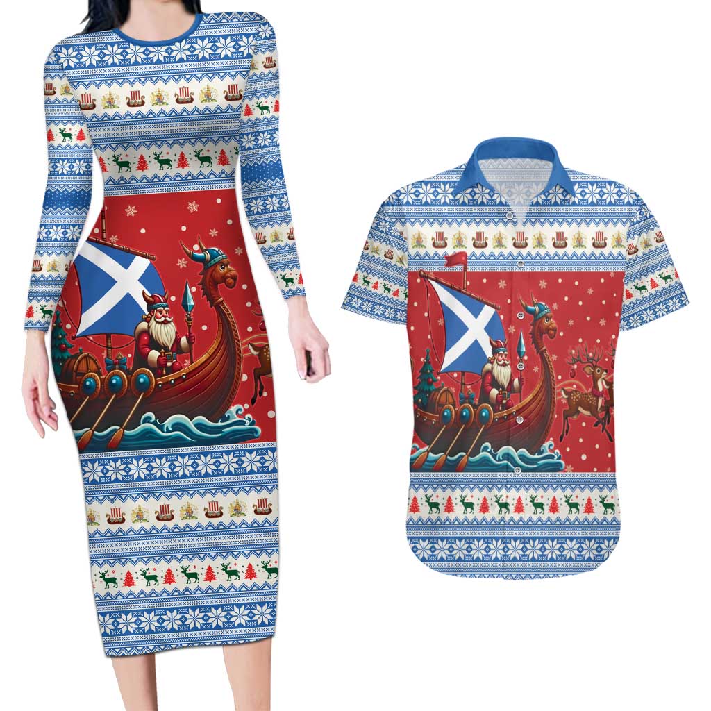 Scotland Viking Santa Christmas Couples Matching Long Sleeve Bodycon Dress and Hawaiian Shirt Funny Reindeer Norse Xmas - Wonder Print Shop