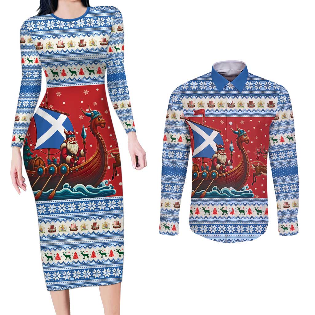 Scotland Viking Santa Christmas Couples Matching Long Sleeve Bodycon Dress and Long Sleeve Button Shirt Funny Reindeer Norse Xmas - Wonder Print Shop