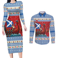 Scotland Viking Santa Christmas Couples Matching Long Sleeve Bodycon Dress and Long Sleeve Button Shirt Funny Reindeer Norse Xmas - Wonder Print Shop