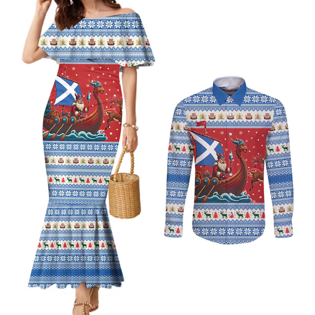 Scotland Viking Santa Christmas Couples Matching Mermaid Dress and Long Sleeve Button Shirt Funny Reindeer Norse Xmas - Wonder Print Shop