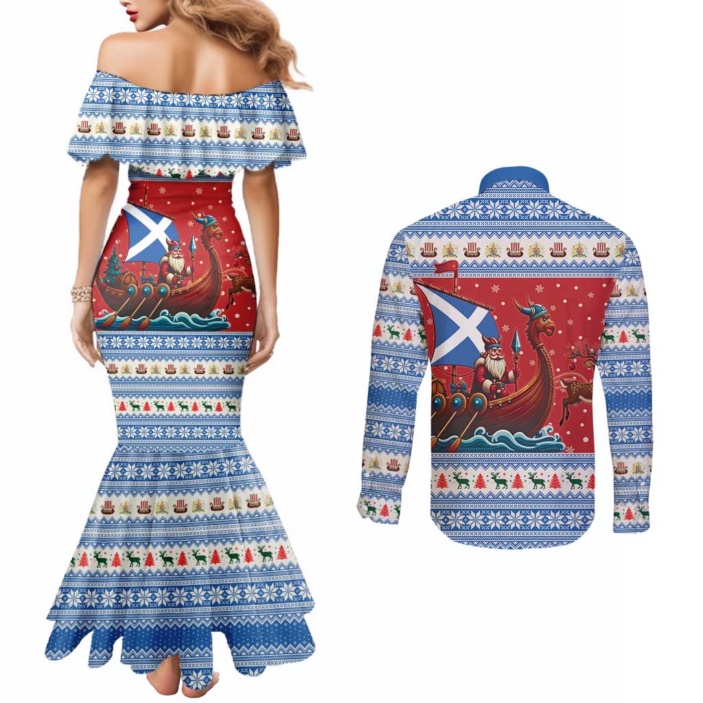 Scotland Viking Santa Christmas Couples Matching Mermaid Dress and Long Sleeve Button Shirt Funny Reindeer Norse Xmas - Wonder Print Shop