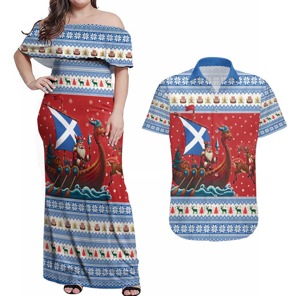 Scotland Viking Santa Christmas Couples Matching Off Shoulder Maxi Dress and Hawaiian Shirt Funny Reindeer Norse Xmas - Wonder Print Shop